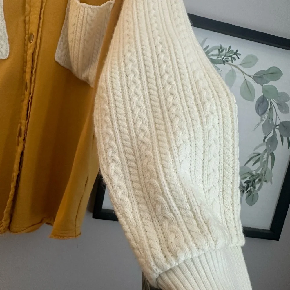 ODDY Oversized Mustard Button Up Shirt With Knitted Sleeves and Pockets - Picture 3 of 5
